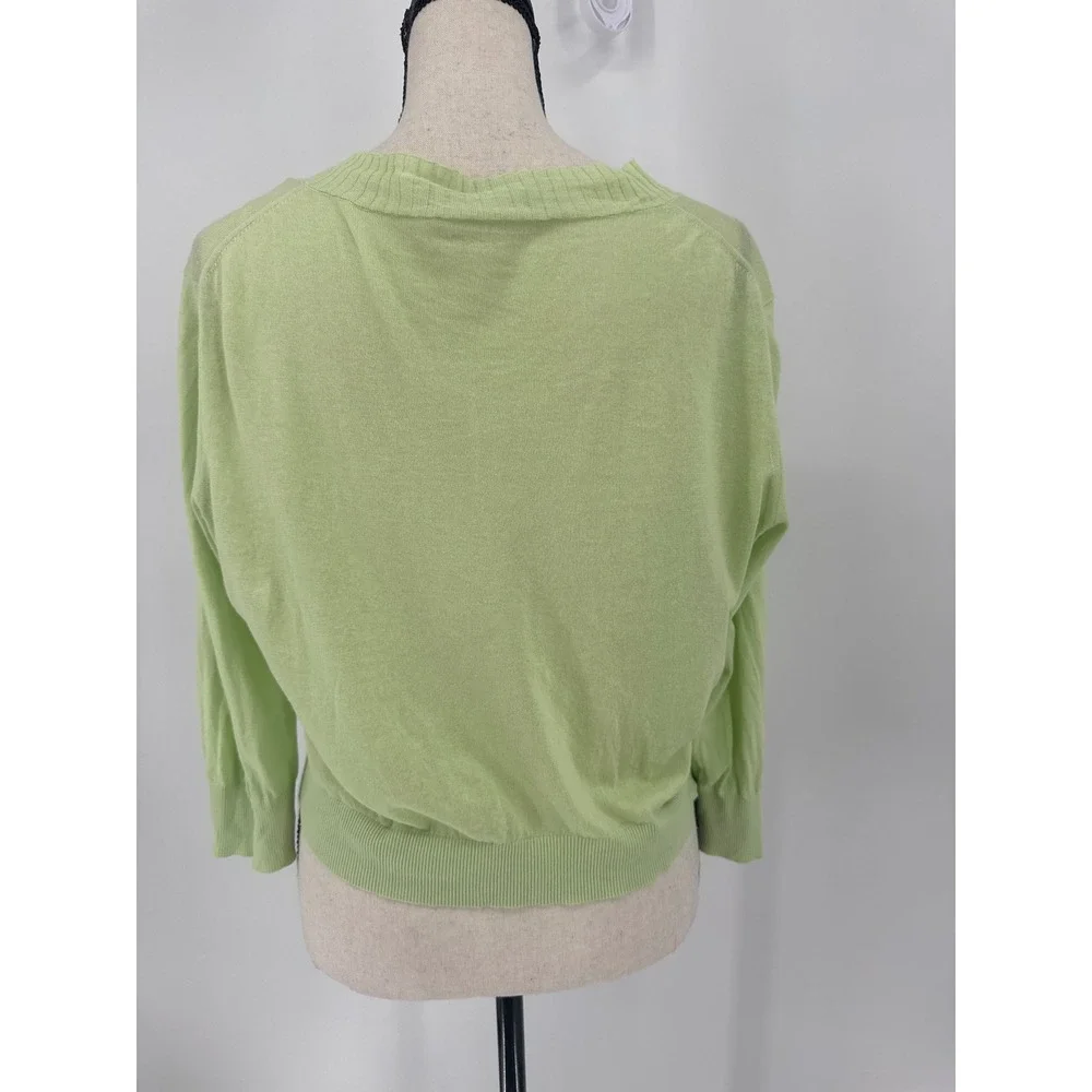 Tory Burch Cardigan Women M Lime Green Cotton Logo Button Cropped Sweater